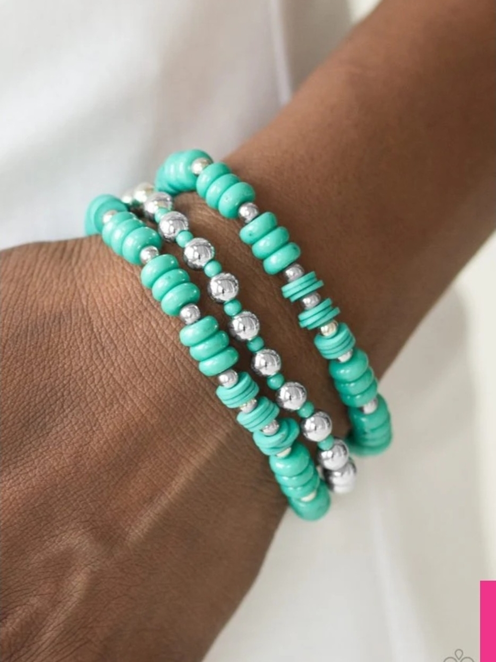 paparazzi Turquoise and Silver Beaded Stretch Bracelet Set